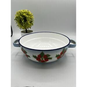 Vintage Czechoslovakia Enamelware Bowl 10" Blue Rim Red Floral Handles Farmhouse